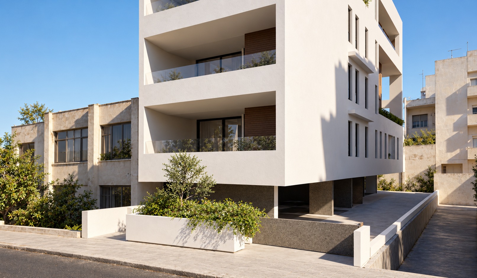 Corner of the building with integrated planters